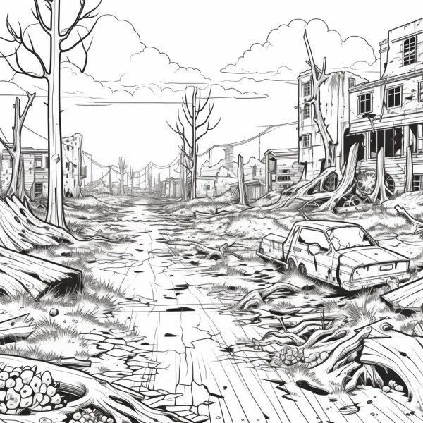 Post-apocalyptic ruined street, dark realistic sketch style — free printable ruins coloring book page