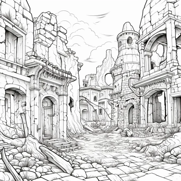 Abandoned town ruins with broken stone buildings and towers, realistic sketch style — free printable apocalypse coloring book page