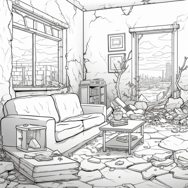 Abandoned living room in post-apocalyptic ruin, realistic sketch style — free printable apocalypse coloring book page