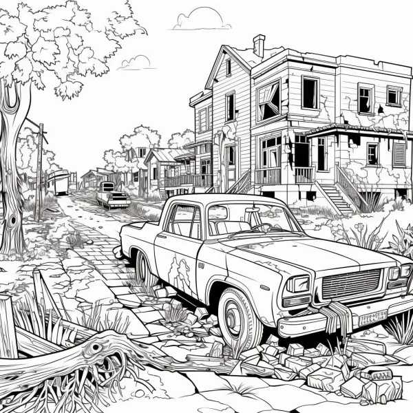 Abandoned pickup truck in a ruined residential neighborhood, realistic  detailed desolate apocalyptic scene with broken houses — free printable apocalypse coloring book page