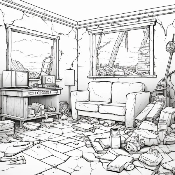 Abandoned ruined room interior, dark horror style — free printable apocalypse coloring book page