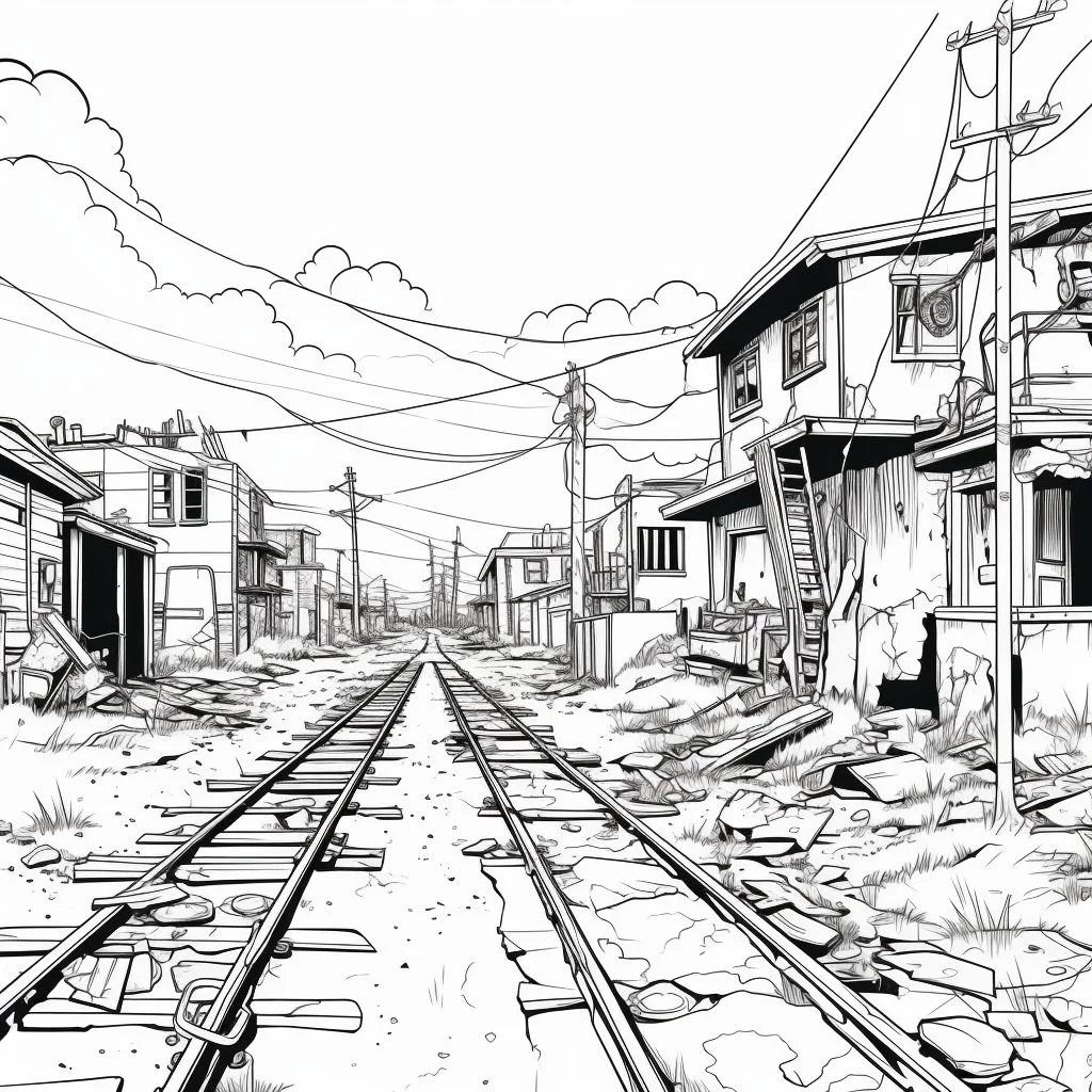 Abandoned town with railway tracks, sketch style — moderate detail — line art coloring page — for kids and adults of all ages