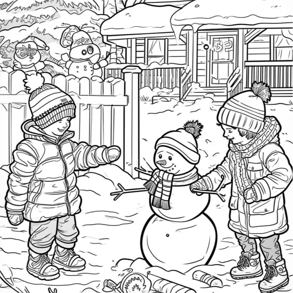 Children building a snowman in winter backyard, cartoon style — free printable outdoor play coloring book page