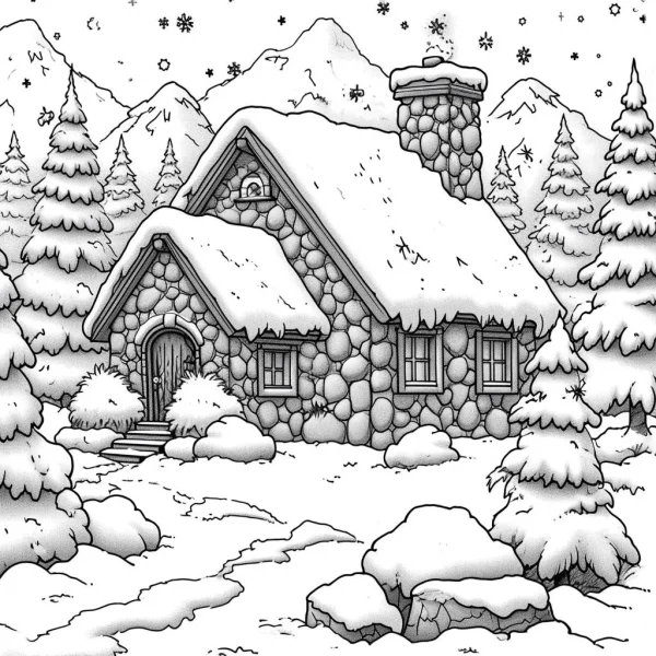 Snow-covered stone cottage in winter forest, cartoon style — free printable country cabin coloring book page