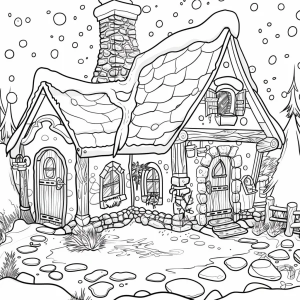Winter cottage with stone chimney, cartoon style — free printable life scenes coloring book page