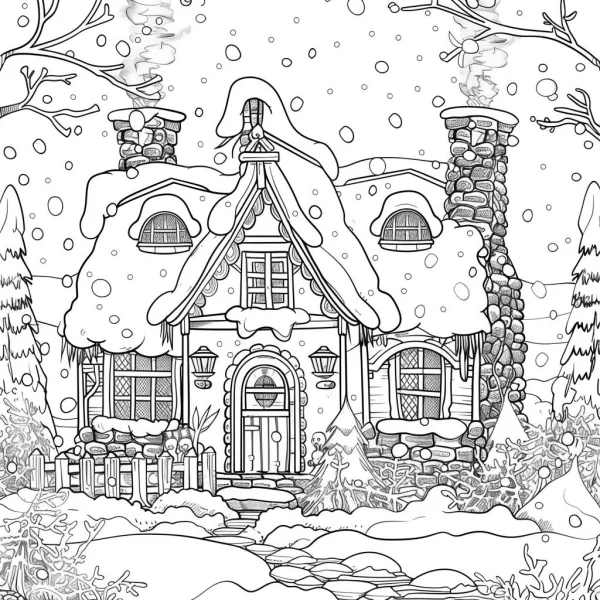 Cozy snow-covered country cottage, cartoon style — free printable country cabin coloring book page
