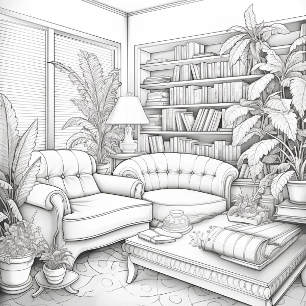 Cozy living room scene with sofa, bookshelf and various potted plants — free printable indoor scene coloring book page