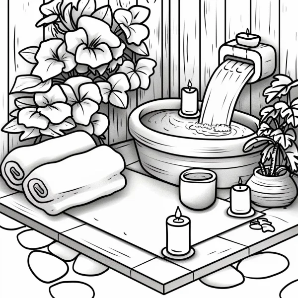 Spa relaxation scene, realistic line art style — free printable healing coloring book page
