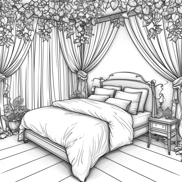 Cozy bedroom interior, realistic illustration style — free printable life scenes coloring book page