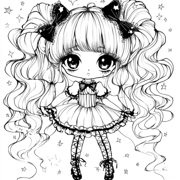 Chibi lolita girl with twin curly pigtails and black lace bows, cartoon style — free printable girl coloring book page