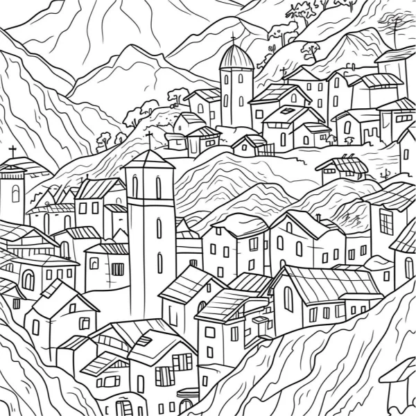 Mountain town buildings with church towers, realistic sketch style — free printable town coloring book page