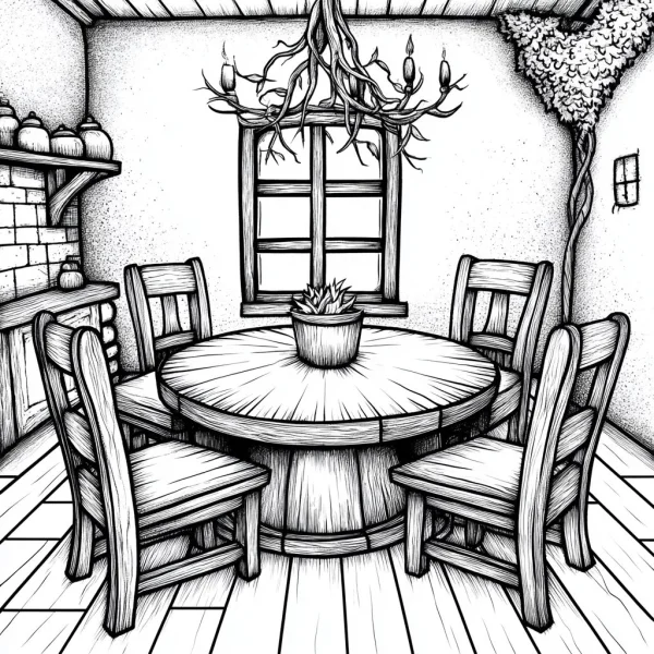 Cozy indoor dining room scene with round wooden table and four chairs, sketch style — free printable home scene coloring book page