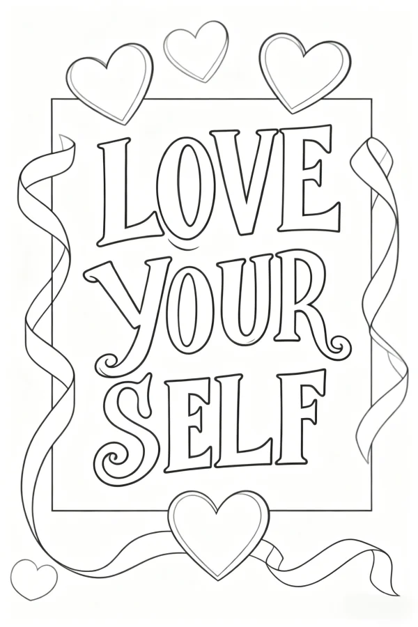 Coloring book page, 'love your self' decorative lettering with hearts and curling ribbons — free printable self-care coloring book page