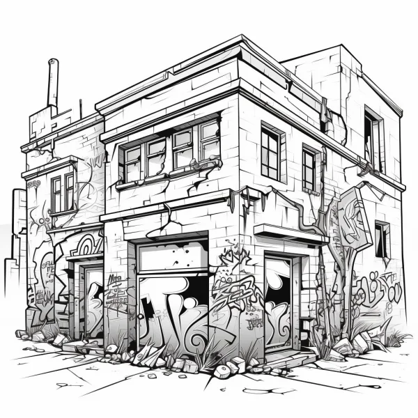 Abandoned graffiti-covered house, sketch art style — free printable urban ruins coloring book page