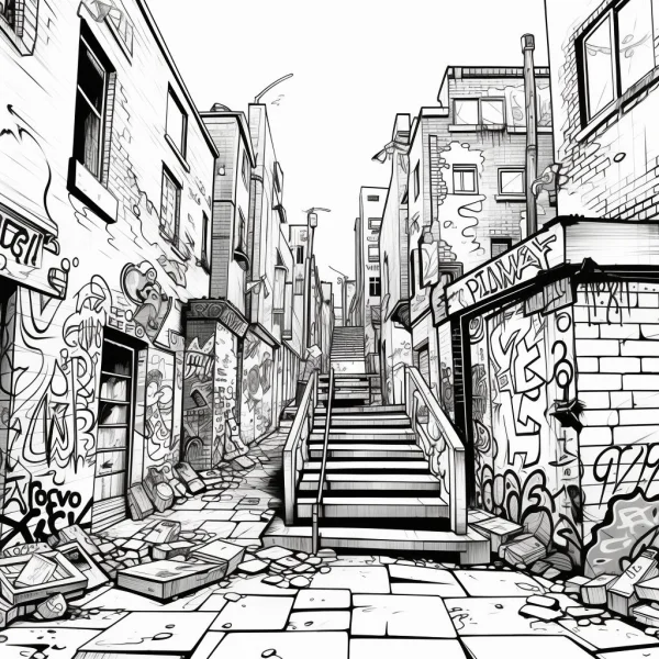 Graffiti-covered urban alley with stairs, street art style — free printable street culture coloring book page