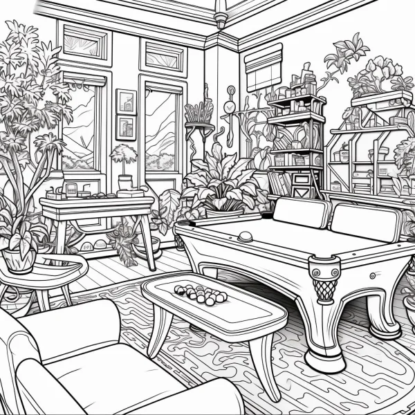 Coloring book page, indoor billiard leisure space with lush potted plants and various furniture — free printable indoor leisure coloring book page