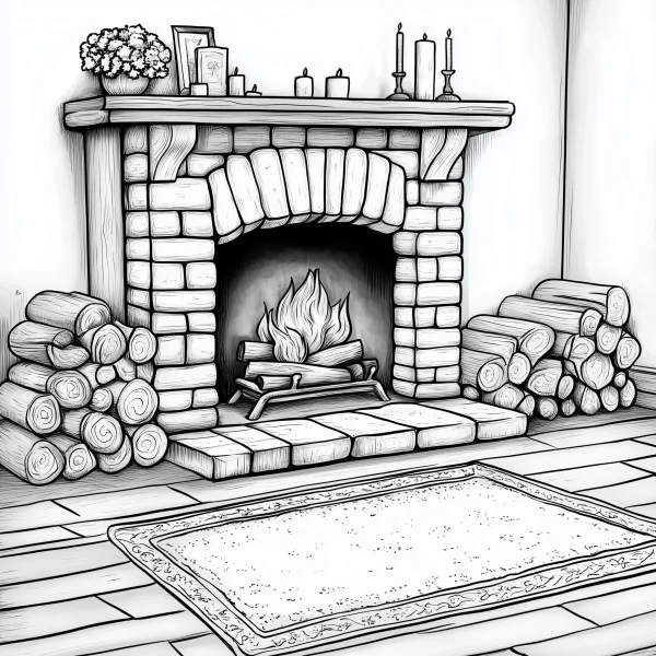 Cozy fireplace home scene, sketch style — free printable family life coloring book page