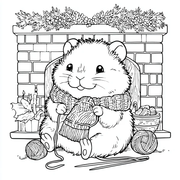 Cute hamster knitting a sweater, cartoon style — free printable handmade coloring book page