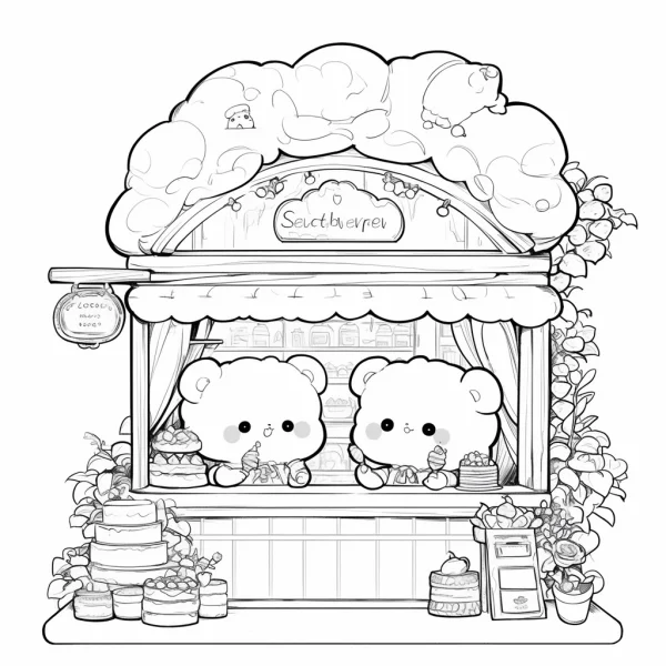 Cartoon bear dessert shop with two cute little bears, cartoon style — free printable life scenes coloring book page