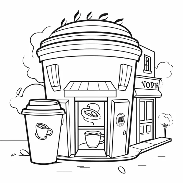 Coffee cup shaped coffee shop with a large takeaway coffee cup beside it, cartoon style — free printable daily scene coloring book page