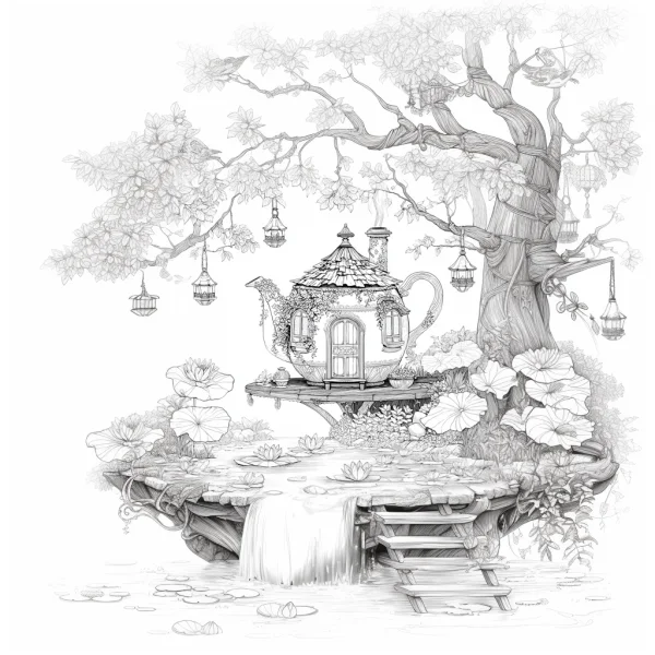 Coloring book page, teapot-shaped fantasy cottage — free printable cabin coloring book page