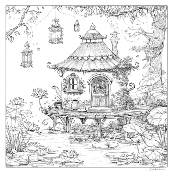 Fairy tale cottage by a lotus lake in the forest, fairy tale illustration style — free printable lakes coloring book page