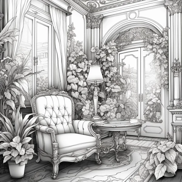 European classic armchair in a plant-filled elegant living room, realistic line art style — free printable natural plants coloring book page