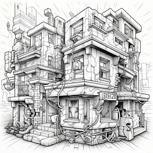 Coloring book page, dilapidated futuristic multi-story building — free printable urban architecture coloring book page