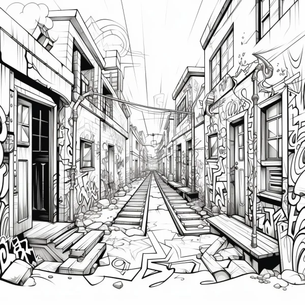 Graffiti-covered urban alley with train tracks, street art and realistic line art style — free printable graffiti art coloring book page