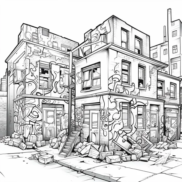 Graffiti-covered abandoned residential buildings, street art and realistic sketch style — free printable urban ruins coloring book page