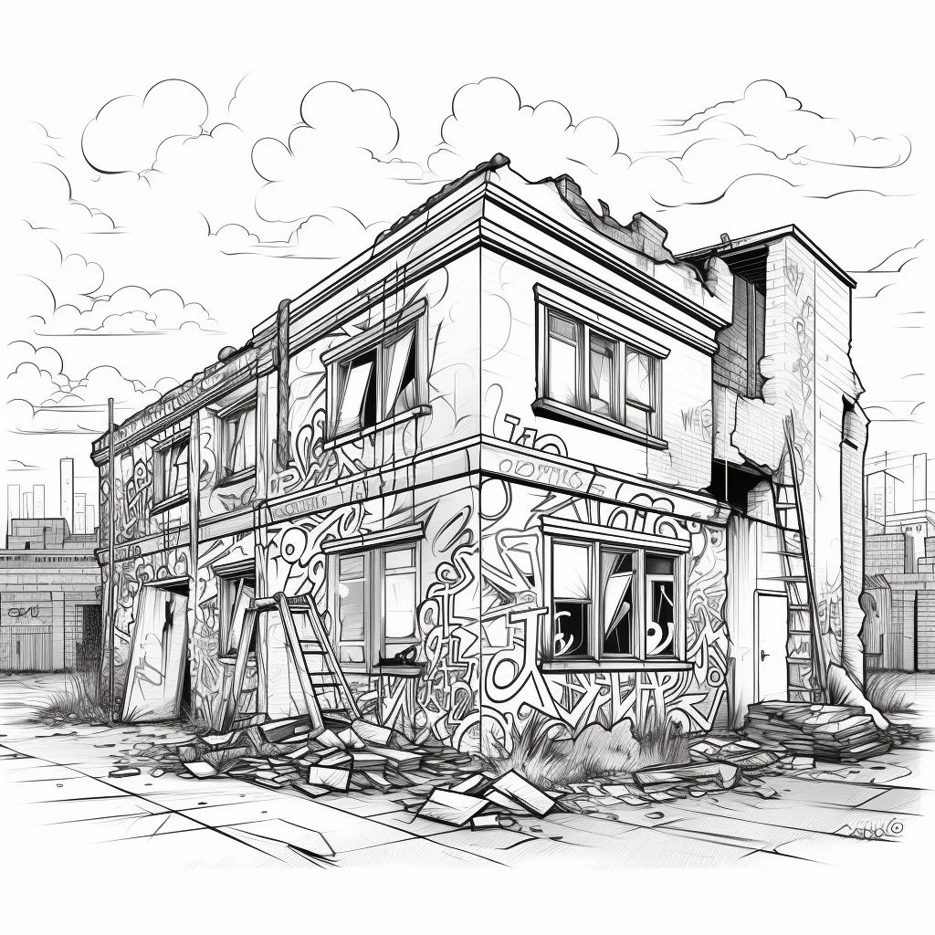 Abandoned urban building covered in graffiti, realistic sketch style — realistic style — moderate detail — line art coloring page — for teens and adults