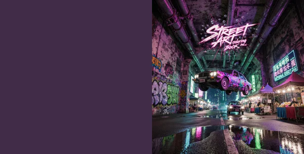 Cyberpunk street art illustration, floating graffiti-covered car in underground urban tunnel — free printable city night view coloring book page