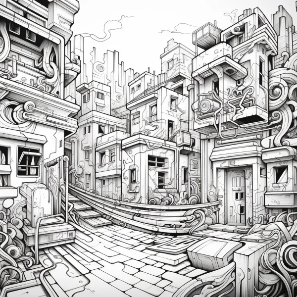 Futuristic fantasy twisted city buildings, sci-fi and fantasy style — free printable urban architecture coloring book page