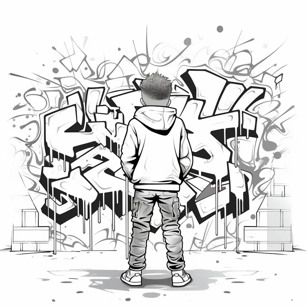 Back view of a boy in hoodie standing in front of graffiti wall, street art style — moderate detail — line art coloring page — for teens and young adults