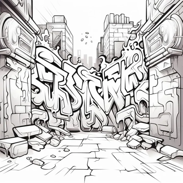 Street graffiti in ruined urban scene, graffiti art style — free printable urban ruins coloring book page