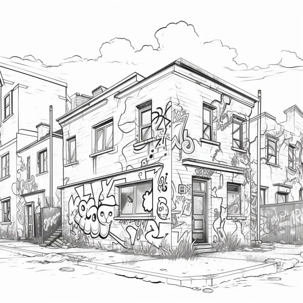 Old urban house covered in graffiti, street art and realistic style — free printable urban landscape coloring book page