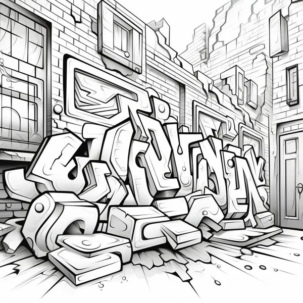 3d street graffiti lettering on brick wall, street art graffiti style — free printable street art coloring book page