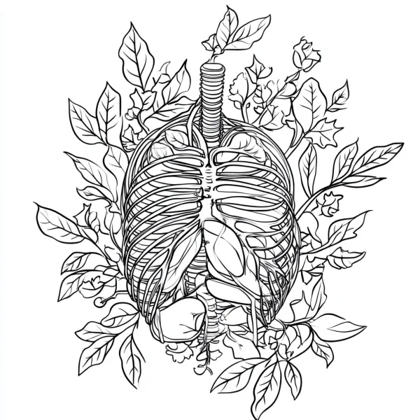 Anatomical ribcage with heart and lungs surrounded by leaves and floral vines, realistic sketch line art style — free printable anatomy coloring book page