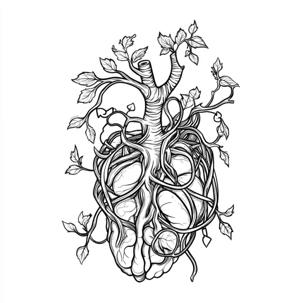 Anatomical heart wrapped in twisting vines and small tree trunk with leaves, surreal fantasy style — free printable human organs coloring book page