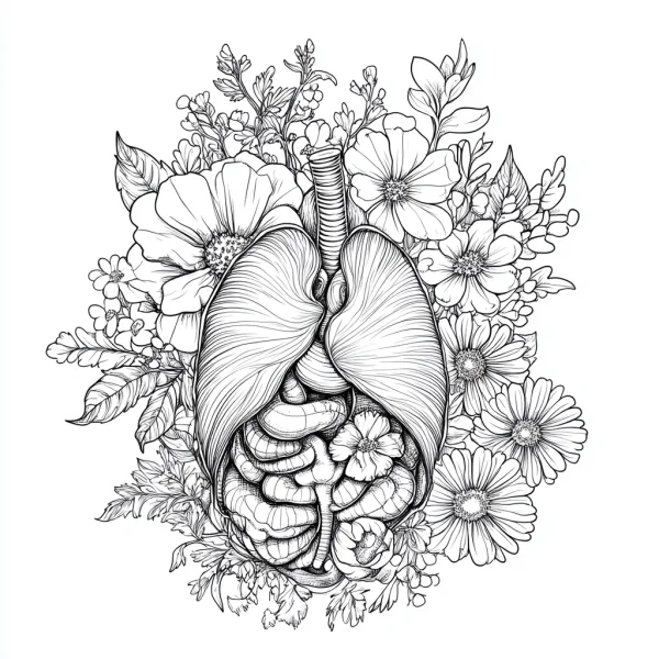 Human lungs and intestines surrounded by various flowers and leaves, realistic line art style — free printable human organs coloring book page