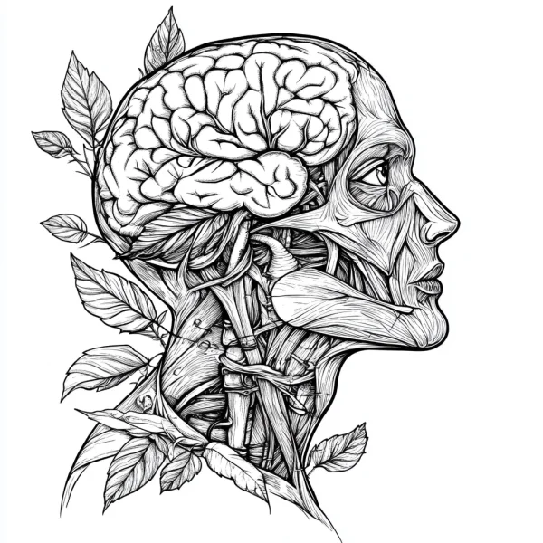 Human head anatomy with brain and neck muscles, surrounded by plant leaves — free printable anatomy coloring book page