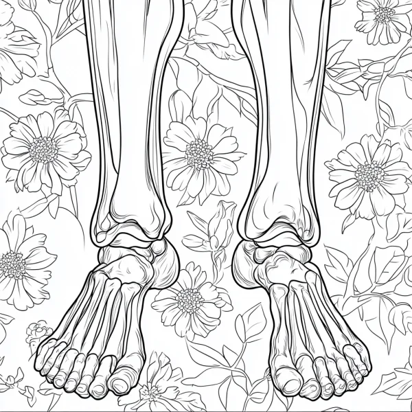 Human foot and lower leg skeleton surrounded by various flowers and leaves, realistic line art — free printable human skeleton coloring book page