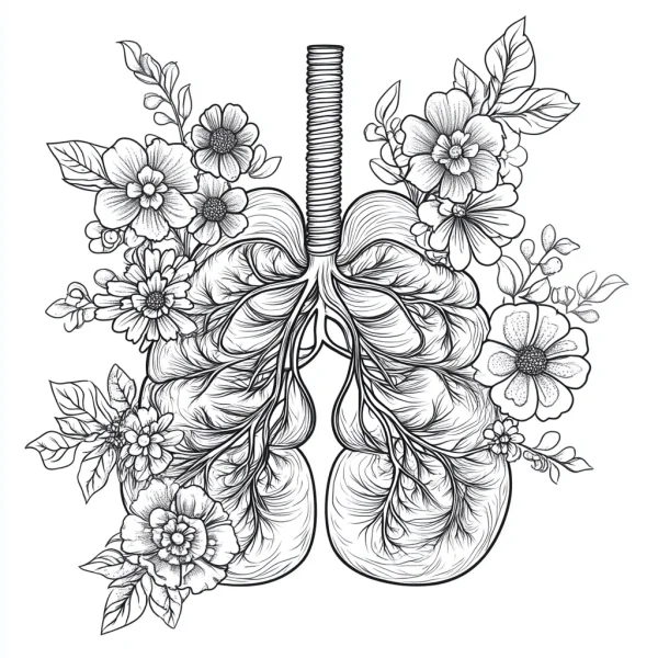 Human lungs surrounded by various flowers, leaves and vines — free printable human organs coloring book page
