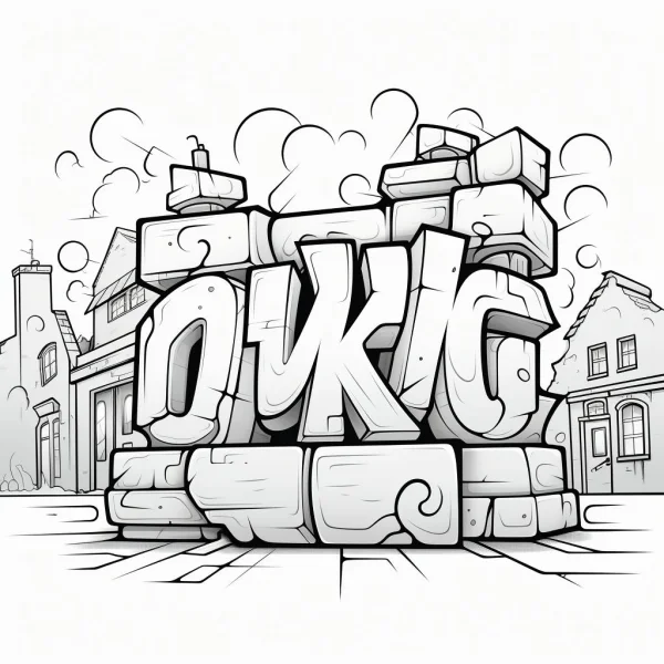 Graffiti lettering 'oykig' as main subject, urban street scene with houses in background — free printable street art coloring book page