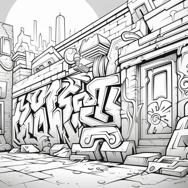 Street graffiti on brick wall with city skyline in background, street art style — free printable graffiti coloring book page