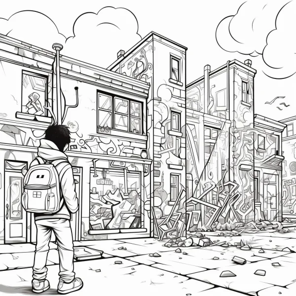 Boy with backpack standing on ruined urban street with graffiti, cartoon style — free printable street art coloring book page