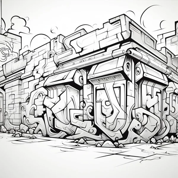 Graffiti art wall with abstract lettering, street art style — free printable graffiti coloring book page