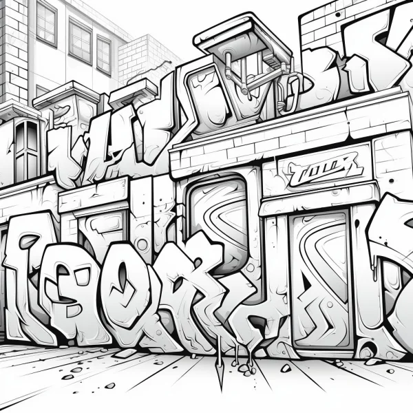 Street graffiti on urban building wall, graffiti art style — free printable street art coloring book page