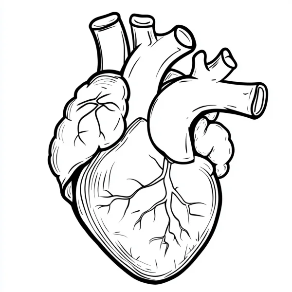 Realistic human heart with arteries and veins, realistic anatomical style — free printable human organs coloring book page
