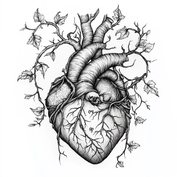 Realistic human heart wrapped with ivy vines and leaves, sketch art style — free printable human organs coloring book page